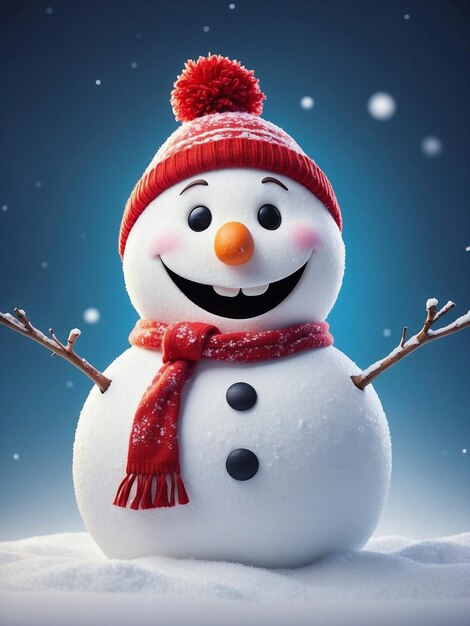 Photo a smiling snowman with hat and scaft isolated on snowy background