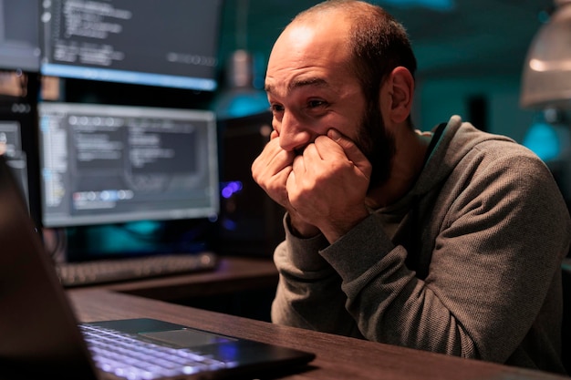 Photo smiling software engineer celebrating coding achievement, feeling pleased about app programming success after hours in office. cheerful happy coder enjoying victory, coding script.