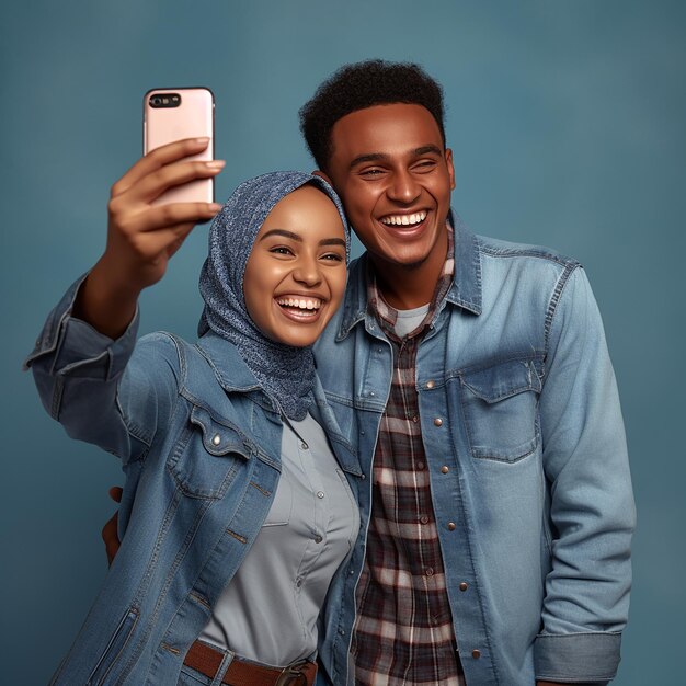 Photo smiling somali couple in denim shirts having fun