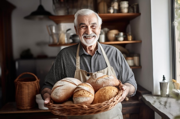 Smiling Spanish male senior baker standing in home kitchen holding bread in basket Generative AI AIG21