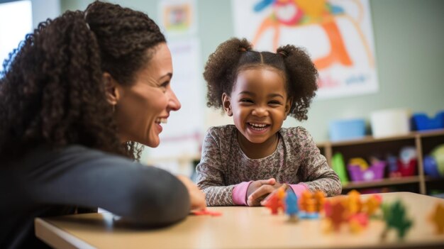 Photo smiling speech therapist in therapy session aiding in speech improvement