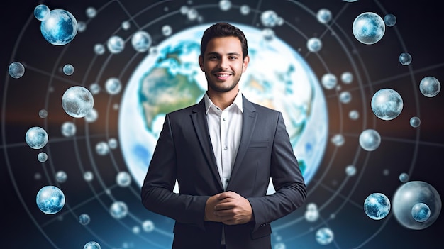 Smiling standing businessman with globe icon set world wide web concept Set of planet web symbols planet icon