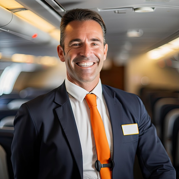 Photo smiling stewards in uniform inside aircraft flight attendant airplane flight service