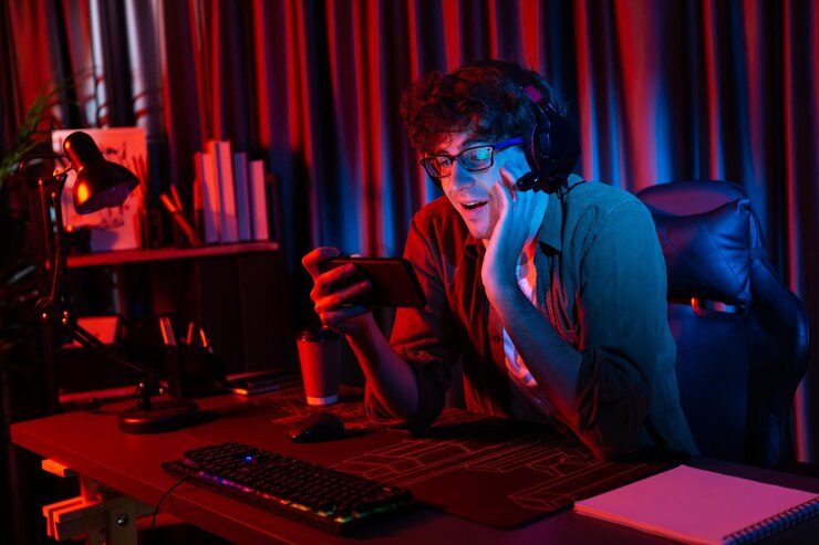 Photo smiling streamer team playing with esport online on smartphone gusher