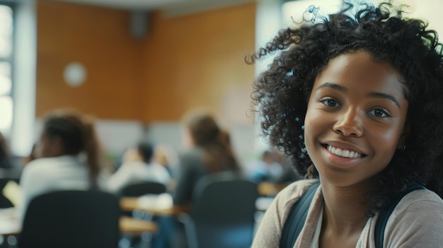 Smiling student in a classroom exuding confidence and positivity