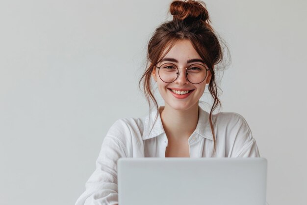 Foto studente freelance sorridente che utilizza il laptop per il lavoro e l'apprendimento a distanza