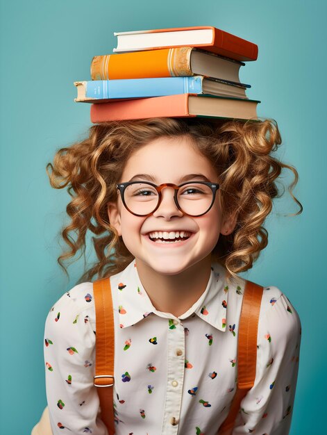 Photo smiling student holding a stack of books portraying the joy of learning in school generative ai