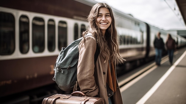 A smiling student with a backpack at train station Generative AI