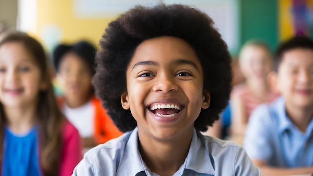 Smiling student with classmates blurred background