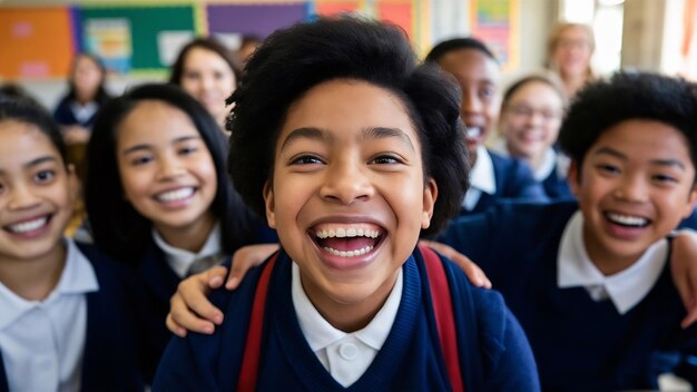 Smiling student with classmates blurred background