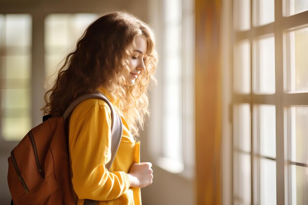 A smiling student with colorful backpack holding a notebook