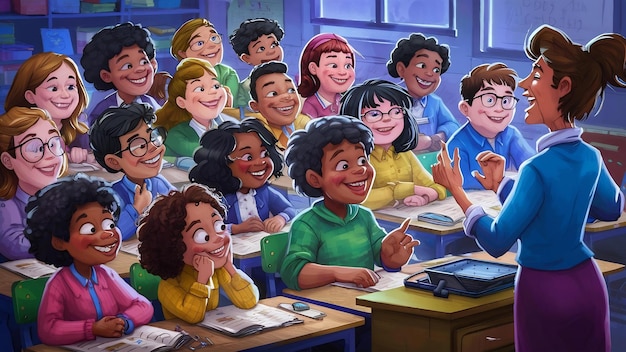 Smiling students paying attention in class