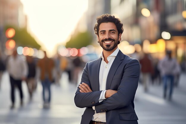 Smiling successful Middle Eastern businessman posing with crossed arms on a city street at sunset