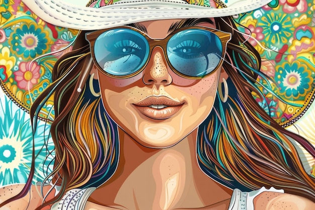 帽子とサングラスをかぶった笑顔の夏の女性