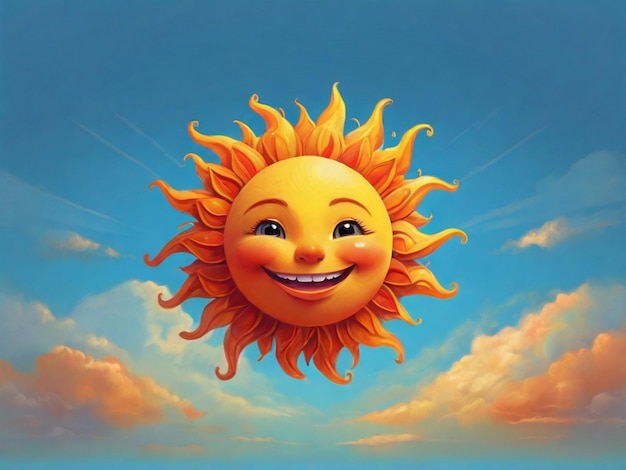 A smiling sun on the sky background