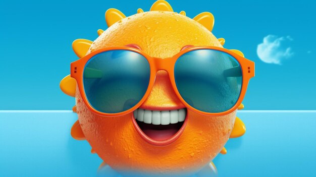 A smiling sun with orange glasses and a blue back