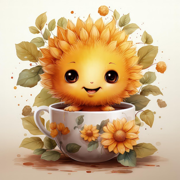 A Smiling Sunflower Teacup Cute Watercolor Clipart