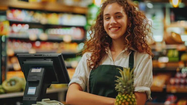 Photo the smiling supermarket cashier