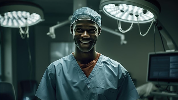 Smiling surgeon black man in surgical operating room talented doctor surgeon successfully performed complex surgery on patient happy smiling black man in a medical coat and cap generative AI