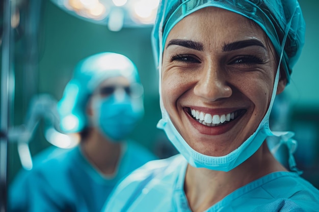 Фото Улыбающийся хирург в хирургическом платье стоит в операционной.