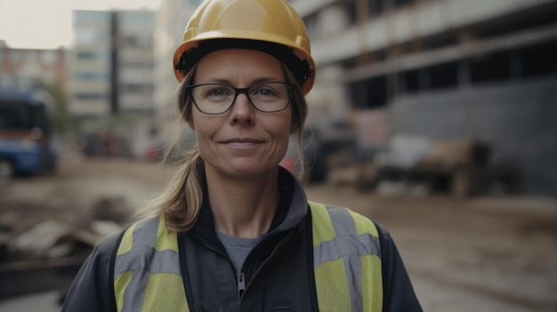 建設現場に立つ笑顔のスウェーデン人女性建設作業員