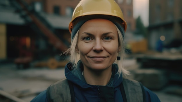 A smiling Swedish female construction worker standing in construction site