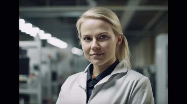 A smiling Swedish female electronic factory worker standing in factory