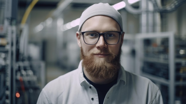 A smiling Swedish male electronic factory worker standing in factory