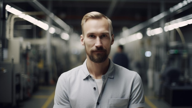 A smiling Swedish male electronic factory worker standing in factory