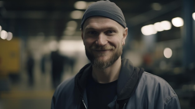 A smiling swedish male factory worker standing in metal sheet factory