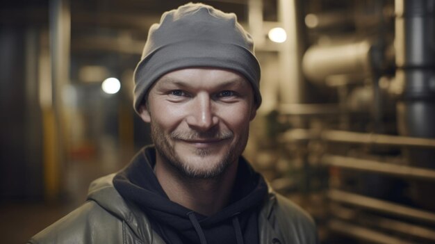 Foto un lavoratore di fabbrica maschio svedese sorridente che sta nella pianta della raffineria di petrolio