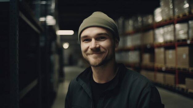 A smiling Swedish male factory worker standing in warehouse