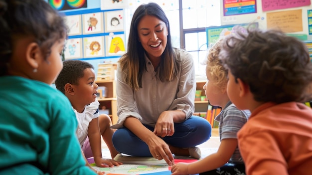 Foto insegnante sorridente che si intrattiene con gli studenti in una classe colorata