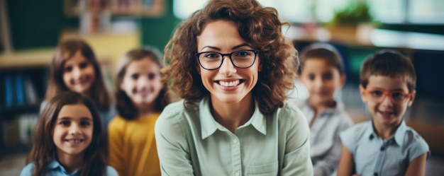 Smiling Teacher With Students In Elementary School