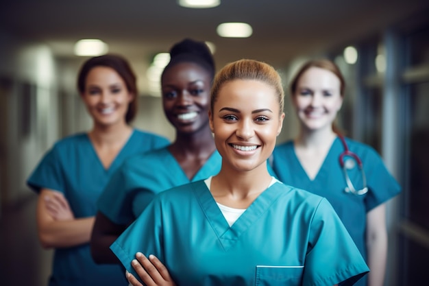 Photo smiling team of doctors standing together in hospital generative ai