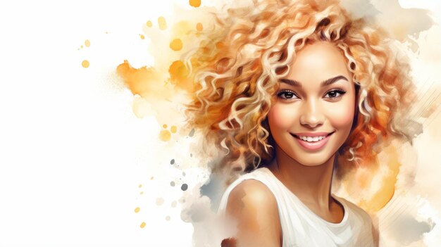 Smiling Teen Black Woman with Blond Curly Hair Watercolor Illustration Portrait of Casual Person on white background with copy space Photorealistic Ai Generated Horizontal Illustration