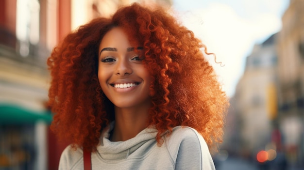 赤いストレートの髪の写真を持つ笑顔の十代の黒人女性