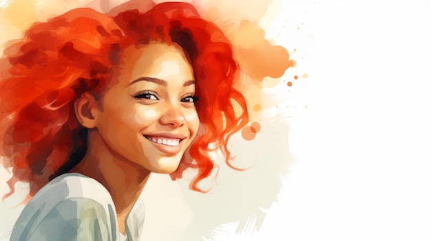 Smiling Teen Black Woman with Red Straight Hair Watercolor Illustration Portrait of Casual Person on white background with copy space Photorealistic Ai Generated Horizontal Illustration