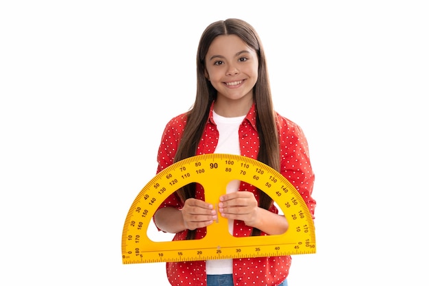 Smiling teen girl hold protractor. back to school. algebra and geometry. kid study math. measure the size. trigonometry stationery. measuring and sizing. education for child. mathematics.