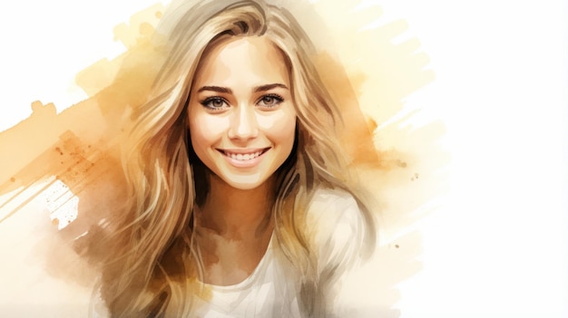 Smiling teen latino woman with blond straight hair watercolor illustration portrait of casual person on white background with copy space photorealistic ai generated horizontal illustration