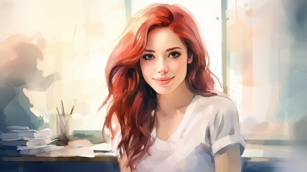 Photo smiling teen latino woman with red straight hair watercolor illustration portrait of a business person on minimalistic office background watercolor drawing ai generated horizontal illustration