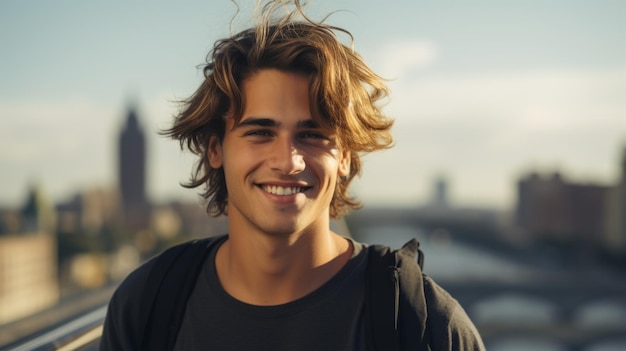 Smiling teen persian man with blond straight hair photo