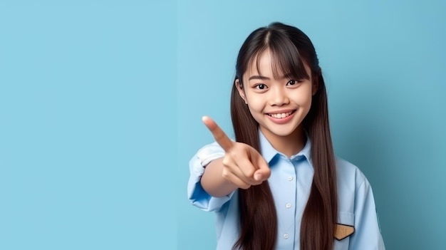 smiling of teen student girl of Asian ethnicity in university uniform pointing finger away