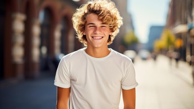 Foto uomo bianco teenager sorridente con la foto bionda dei capelli ricci