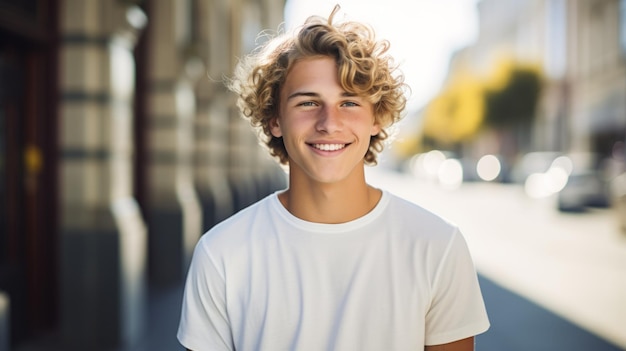 ブロンドの巻き毛の写真を持つ笑顔の十代の白人男性