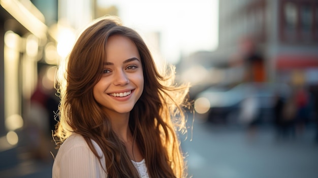 Smiling teen white woman with brown straight hair photo