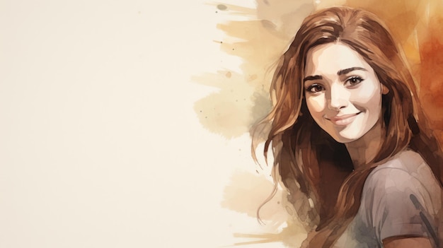 Smiling Teen White Woman with Brown Straight Hair Watercolor Illustration Portrait of Casual Person on white background with copy space Photorealistic Ai Generated Horizontal Illustration