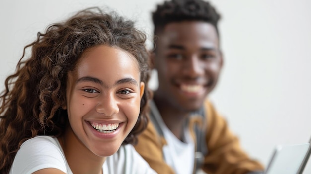 Photo smiling teenage girl and boy studying together sharing a joyful moment