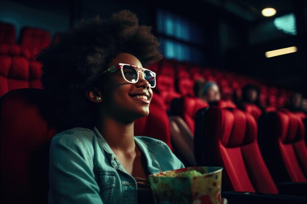 Фото Улыбающаяся девочка-подросток с 3d-очками в кинотеатре