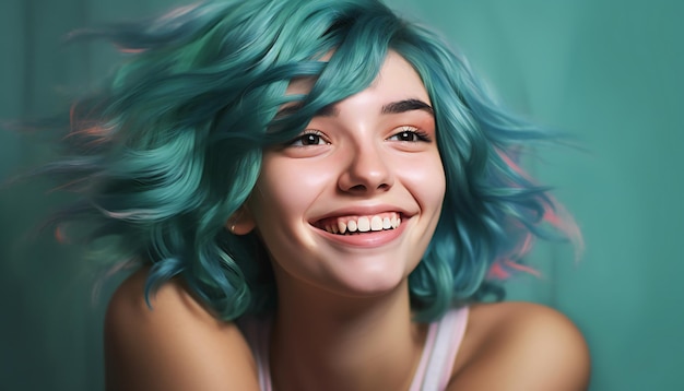 Smiling Teenager With Turquoise Hair